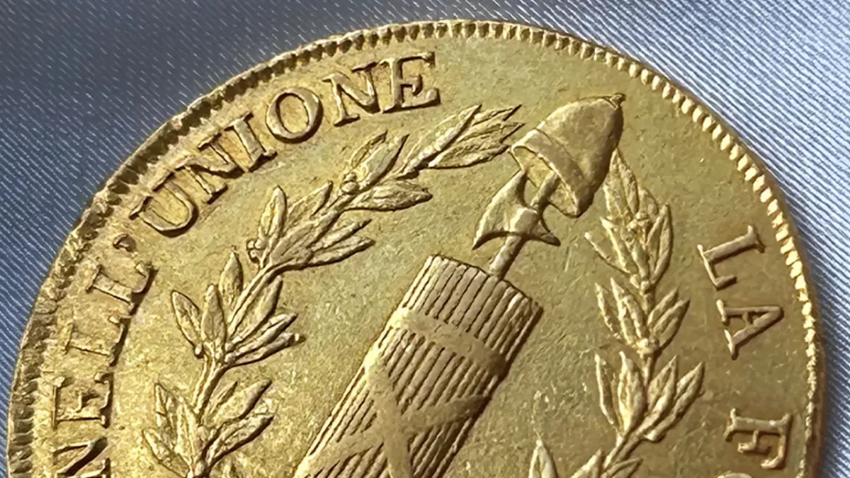 Berretto frigio e fascio littorio sulla moneta d'oro da 96 lire della Repubblica Ligure