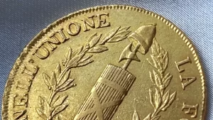 Berretto frigio e fascio littorio sulla moneta d'oro da 96 lire della Repubblica Ligure