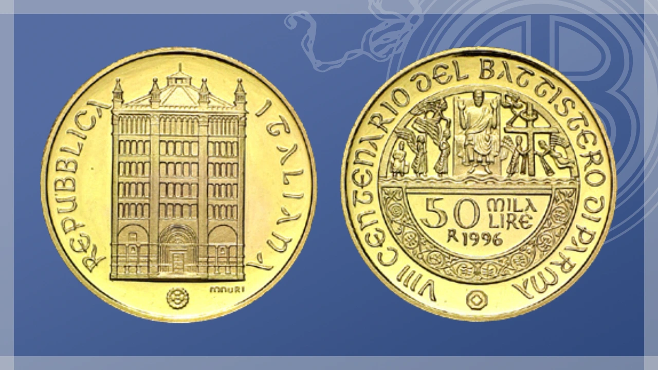Moneta 50.000 lire d'oro Battistero di Parma (1996)